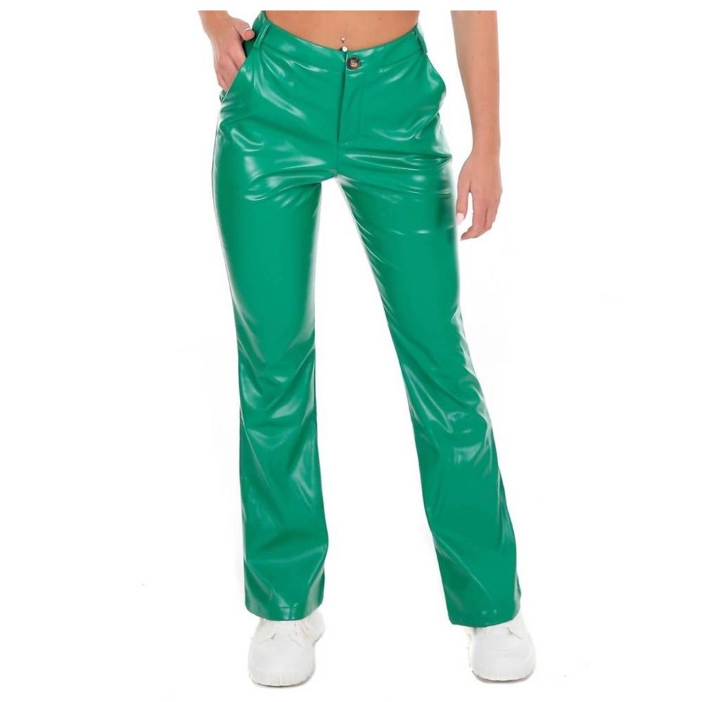 Pretty Garbage faux green leather flare pants, small